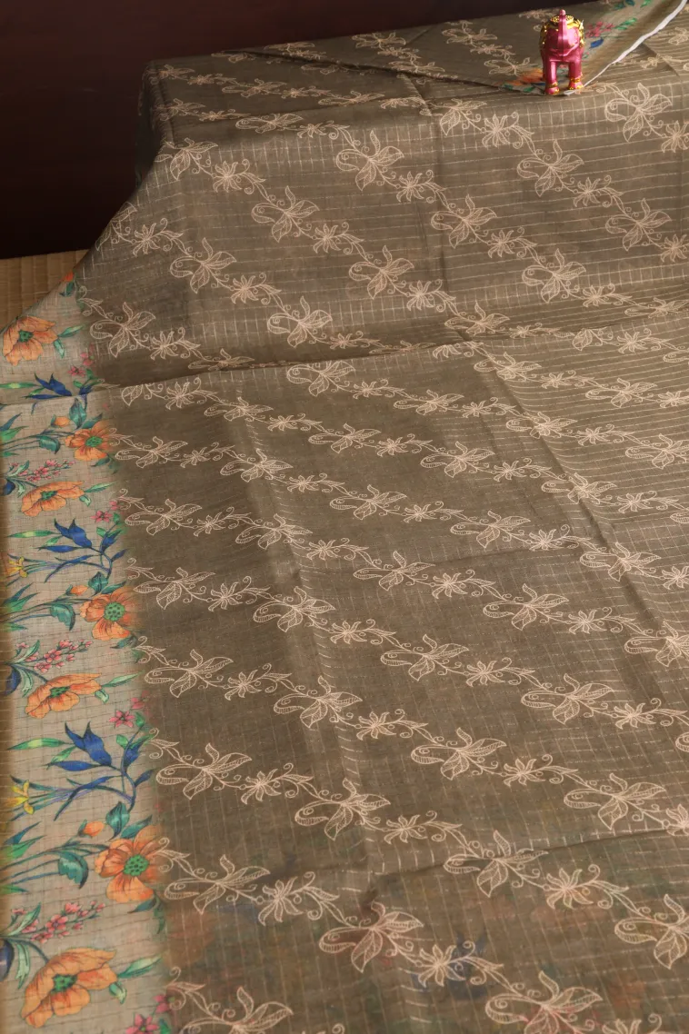 Sage Green Linen Saree with Gold Zari Checks And Puttas view 2