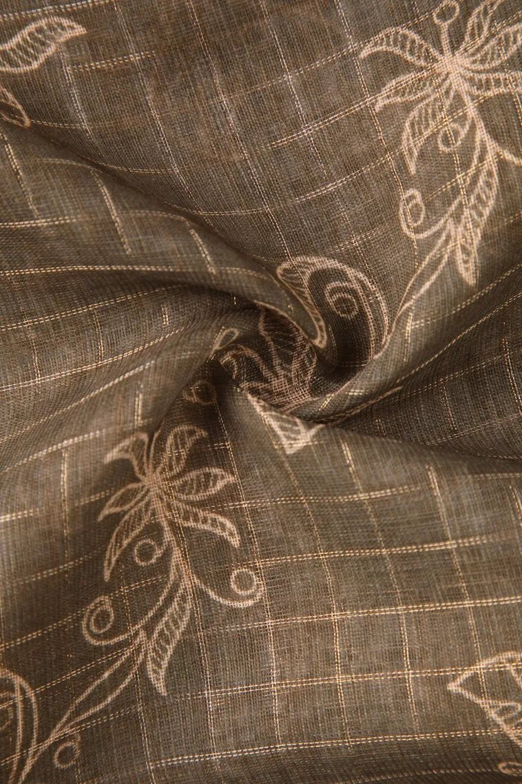 Sage Green Linen Saree with Gold Zari Checks And Puttas view 4