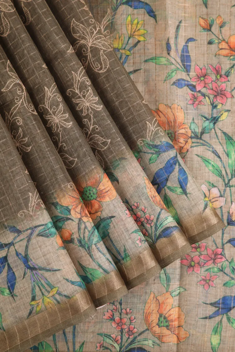 Sage Green Linen Saree with Gold Zari Checks And Puttas
