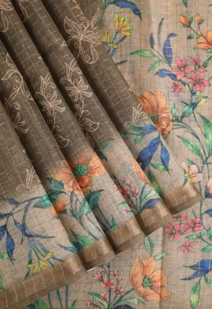 Sage Green Linen Saree with Gold Zari Checks And Puttas