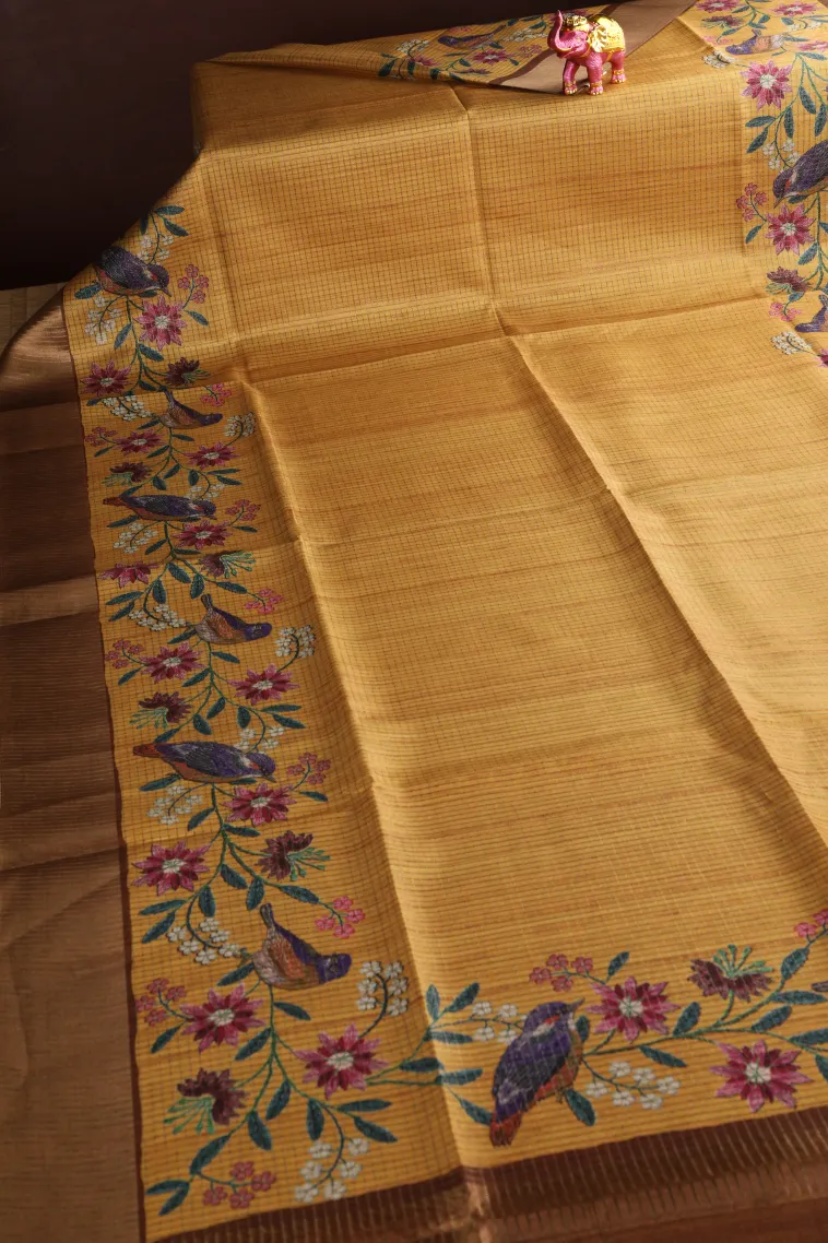 Lemon Yellow Tussar Saree with Copper Zari Small Checks Pattern view 2