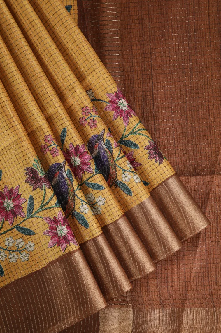 Lemon Yellow Tussar Saree with Copper Zari Small Checks Pattern