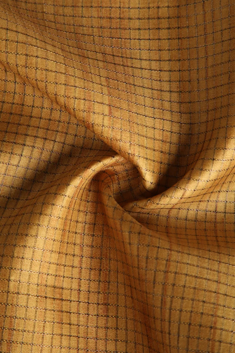 Lemon Yellow Tussar Saree with Copper Zari Small Checks Pattern view 4