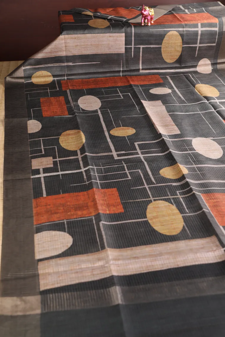Asphalt Black Jute Sarees with Antic Zari Jamandery Pattern view 2