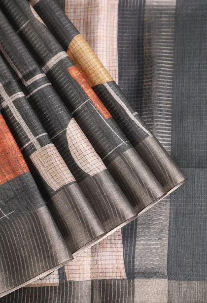 Asphalt Black Jute Sarees with Antic Zari Jamandery Pattern