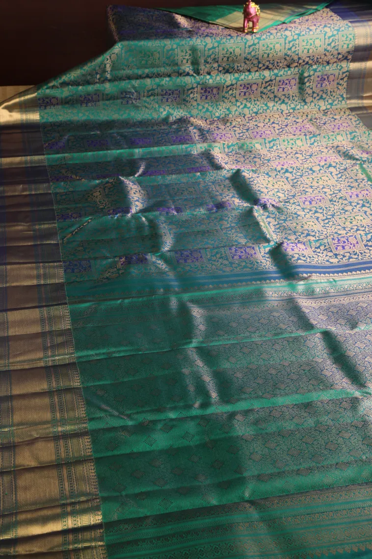 Teal Blue Kanchipuram Silk Sarees with Gold Zari Floral Patterns view 2