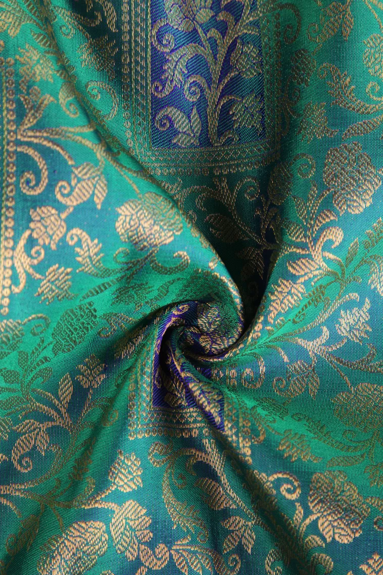 Teal Blue Kanchipuram Silk Sarees with Gold Zari Floral Patterns view 4