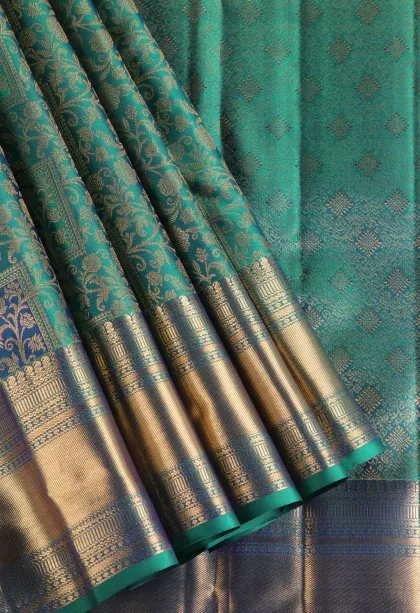 Teal Blue Kanchipuram Silk Sarees with Gold Zari Floral Patterns