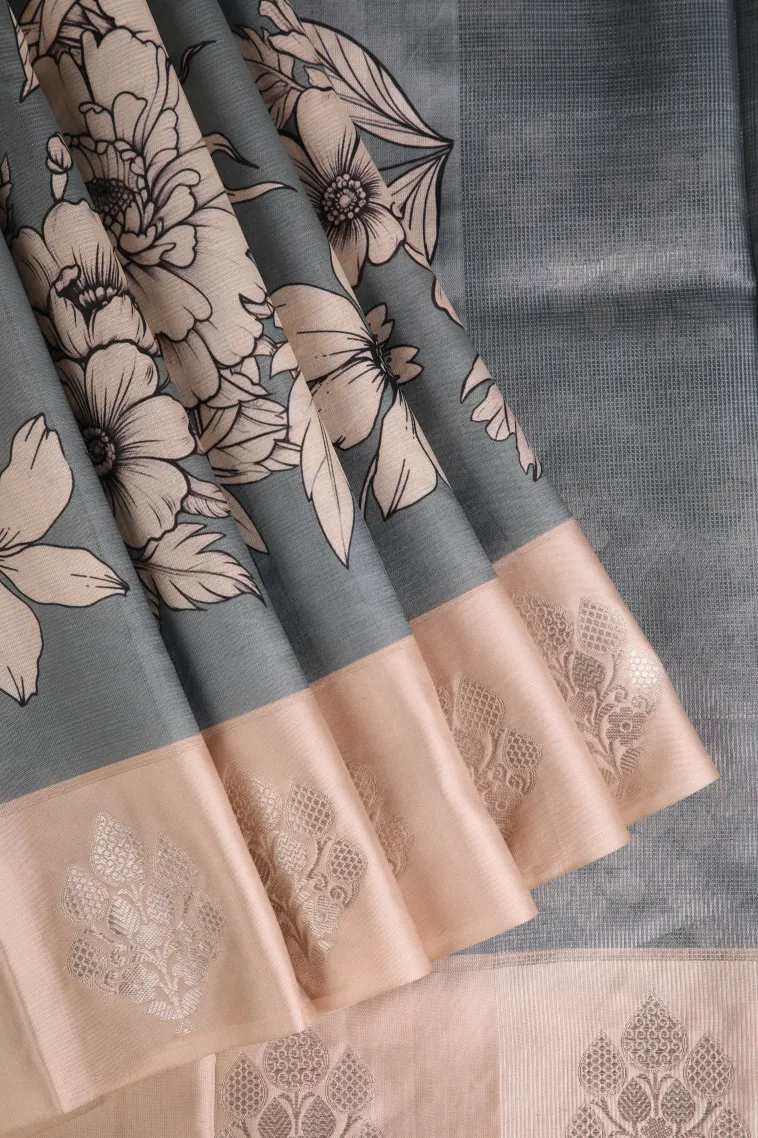 Stone Blue Semi Raw Silk Printed with Bronze Zari Floral Patterns