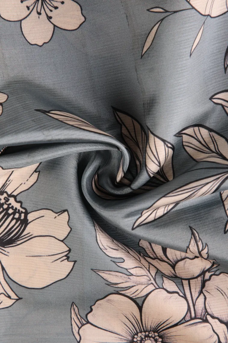 Stone Blue Semi Raw Silk Printed with Bronze Zari Floral Patterns view 4