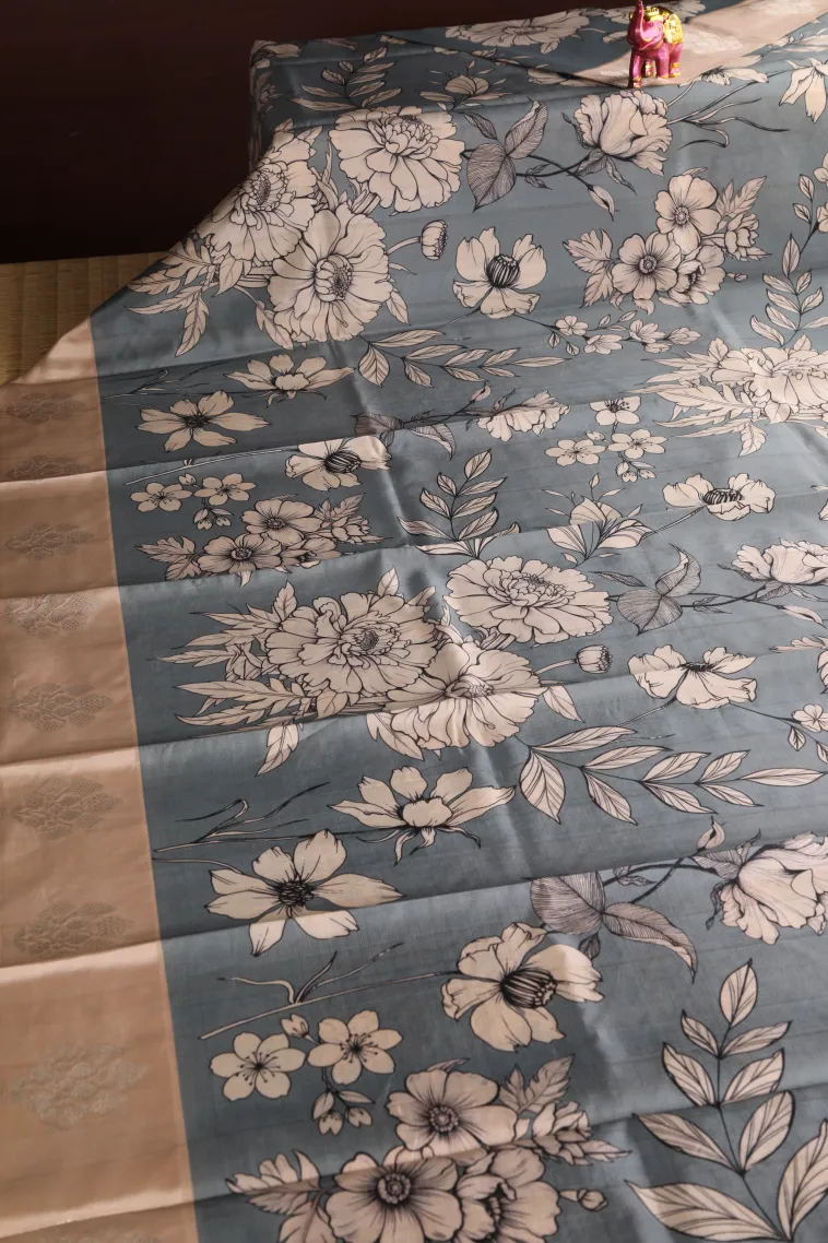 Stone Blue Semi Raw Silk Printed with Bronze Zari Floral Patterns view 2