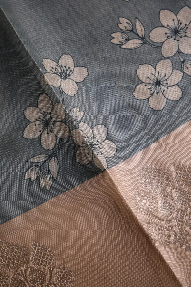 Stone Blue Semi Raw Silk Printed with Bronze Zari Floral Patterns view 3