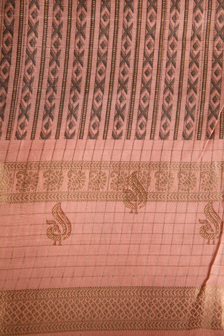 Davy Black Semi Tussar Silk with Gold Zari Small Checks Pattern view 3