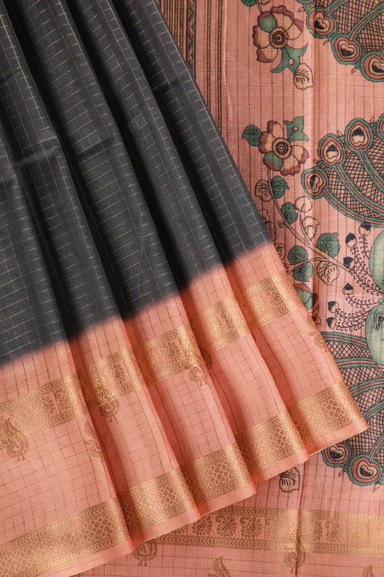 Davy Black Semi Tussar Silk with Gold Zari Small Checks Pattern