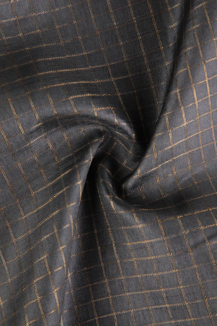 Davy Black Semi Tussar Silk with Gold Zari Small Checks Pattern view 4