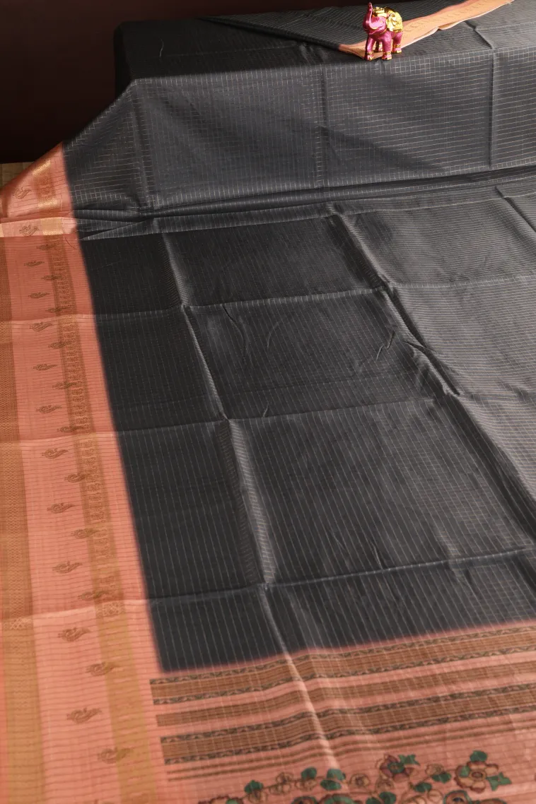 Davy Black Semi Tussar Silk with Gold Zari Small Checks Pattern view 2