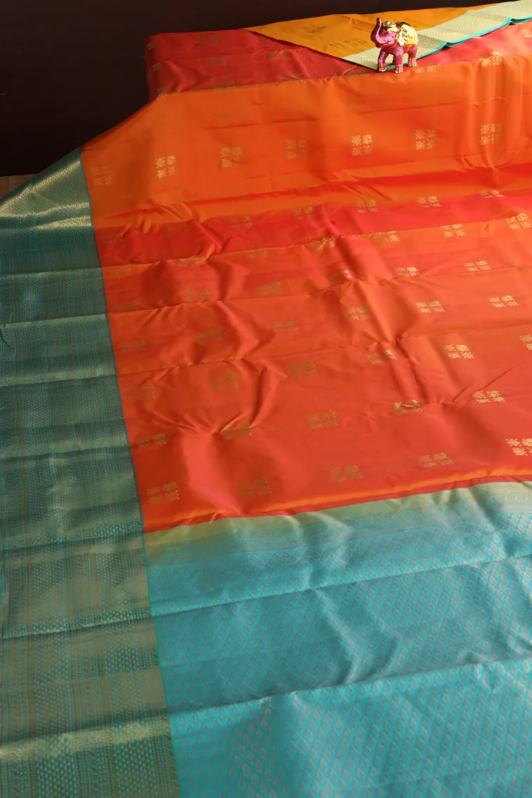 Carrot Orange Soft Silk Saree with Gold Zari Peacock Motifs view 2
