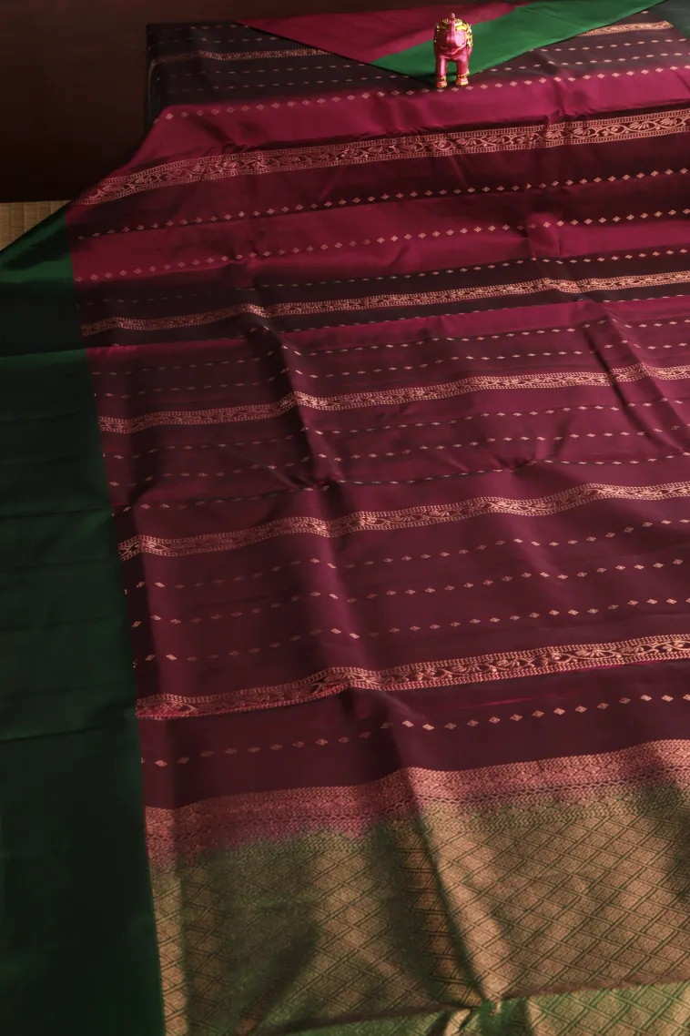 Magenta Purple Soft Silk Saree with Copper Zari Straipes And Puttas view 2