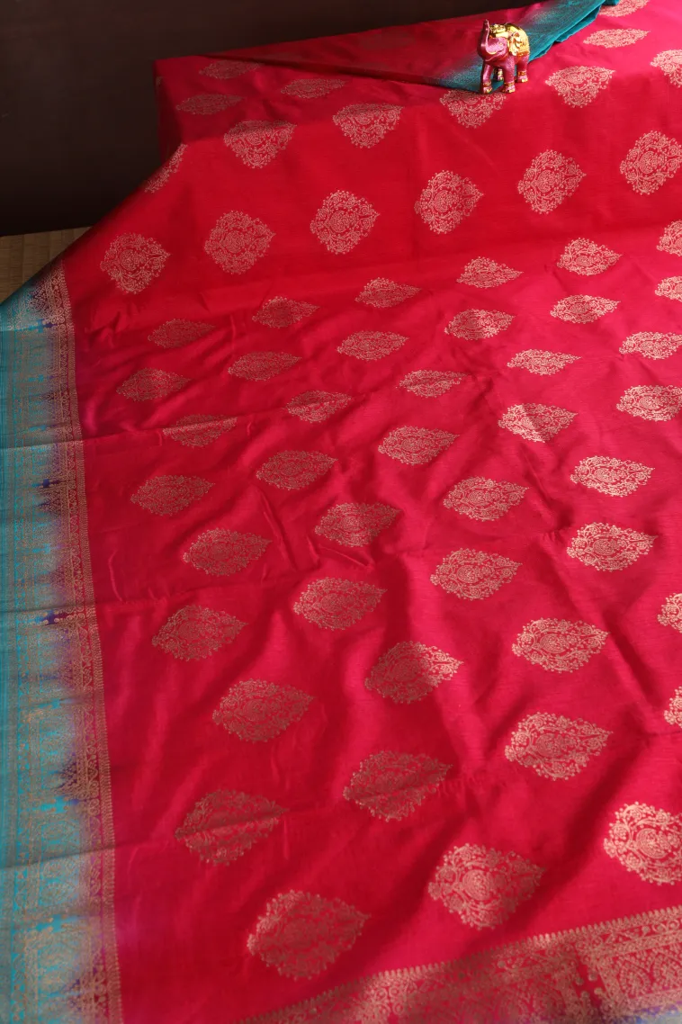 Strawberry Pink Banaras Sarees with Gold Zari Puttas view 2