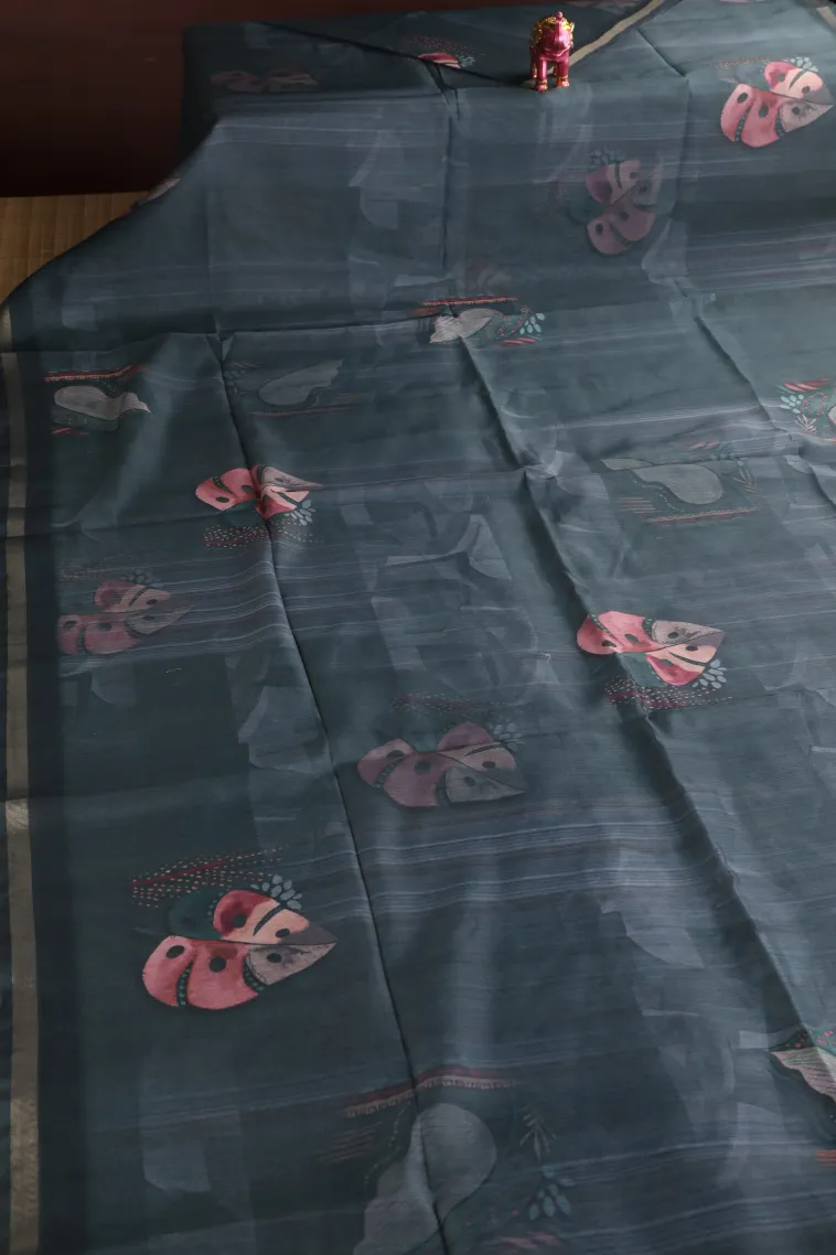 Stone Blue Semi Tussar Silk Without Zari With Leaf Pattern view 2