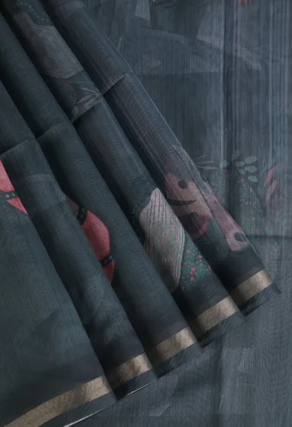 Stone Blue Semi Tussar Silk Without Zari With Leaf Pattern