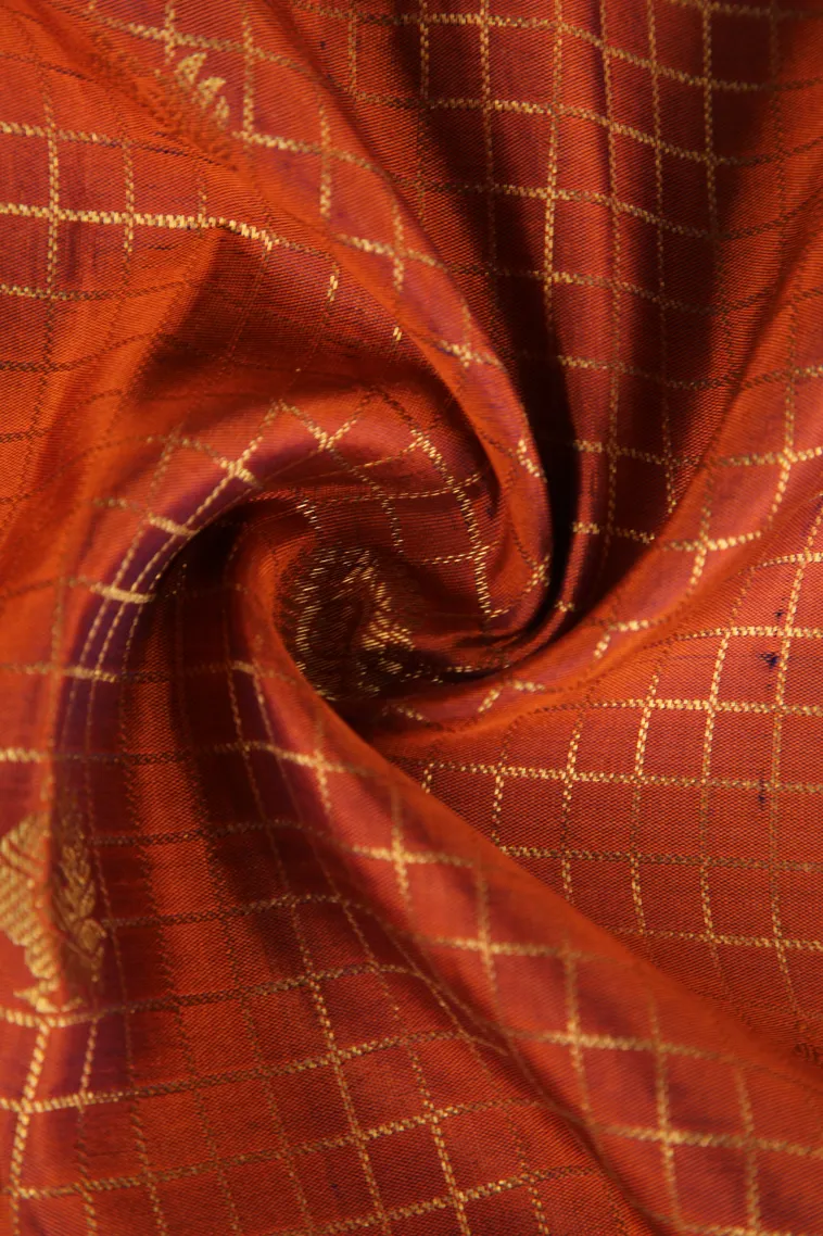 Fire Orange Kanchipuram Silk Sarees with Gold Zari Checks And Puttas view 4