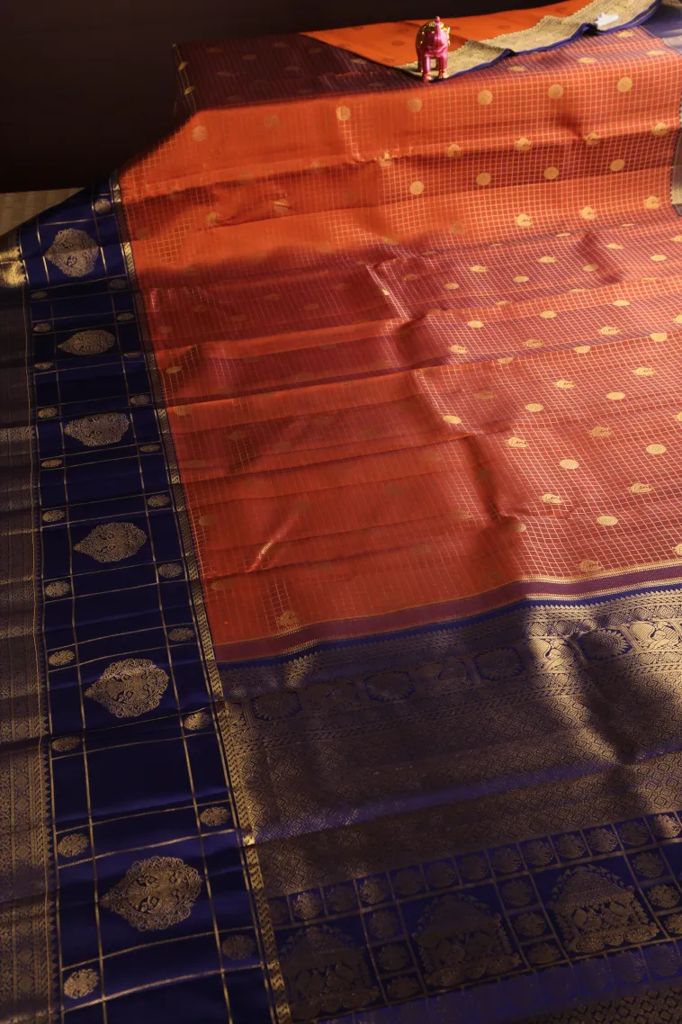 Fire Orange Kanchipuram Silk Sarees with Gold Zari Checks And Puttas view 2