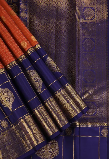 Fire Orange Kanchipuram Silk Sarees with Gold Zari Checks And Puttas