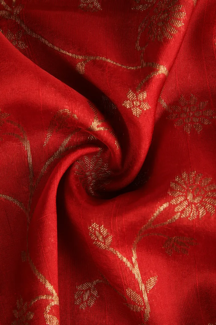 Candy Red Banaras Sarees with Copper Zari Floral Patterns view 4