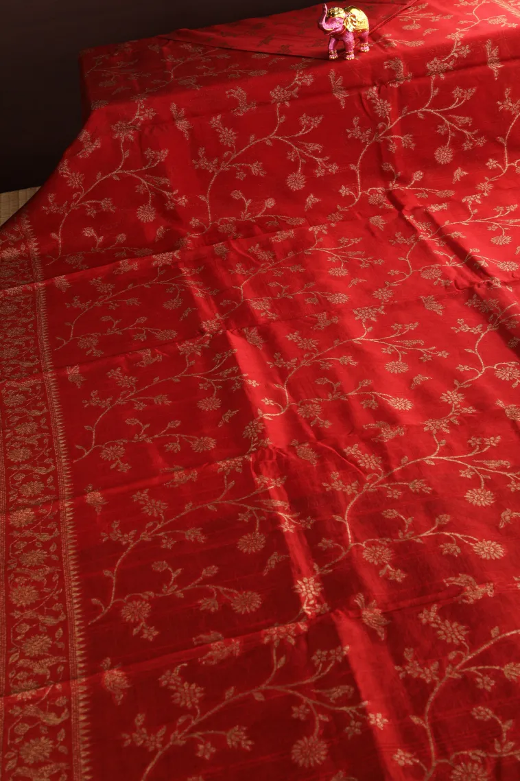 Candy Red Banaras Sarees with Copper Zari Floral Patterns view 2