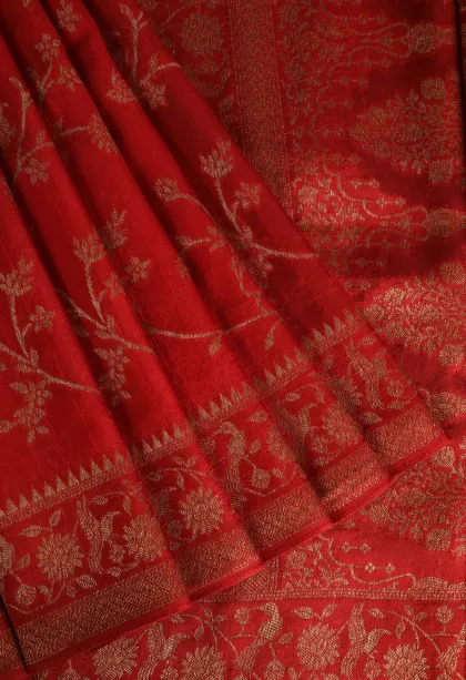 Candy Red Banaras Sarees with Copper Zari Floral Patterns