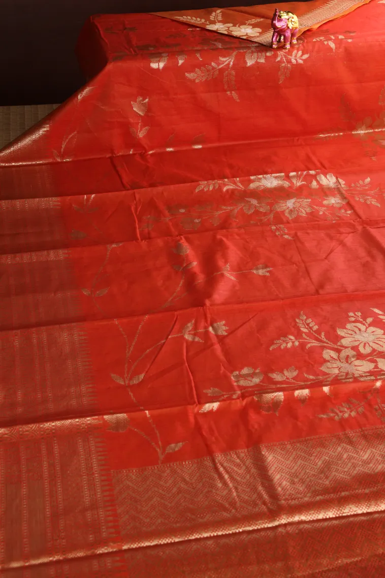 Fire Orange Semi Tussar Silk with Antic Zari Flower Mottif view 2