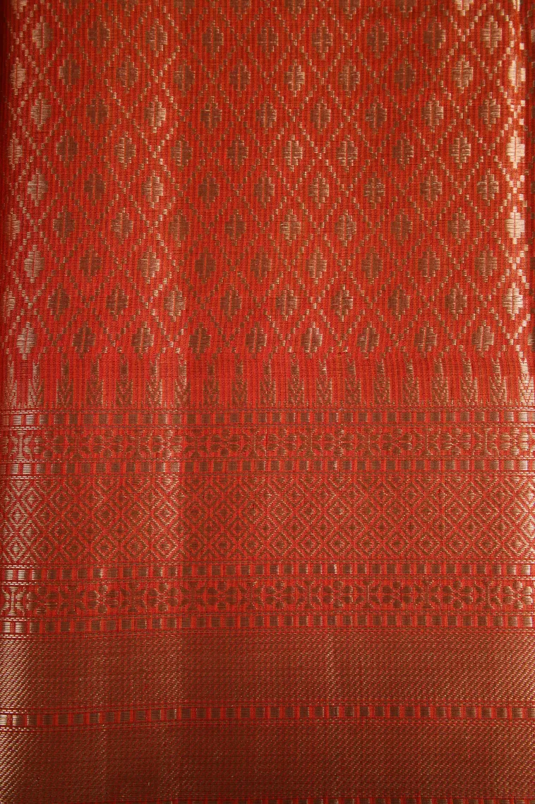 Fire Orange Semi Tussar Silk with Antic Zari Flower Mottif view 3