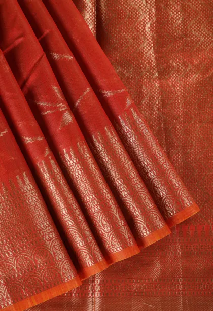 Fire Orange Semi Tussar Silk with Antic Zari Flower Mottif