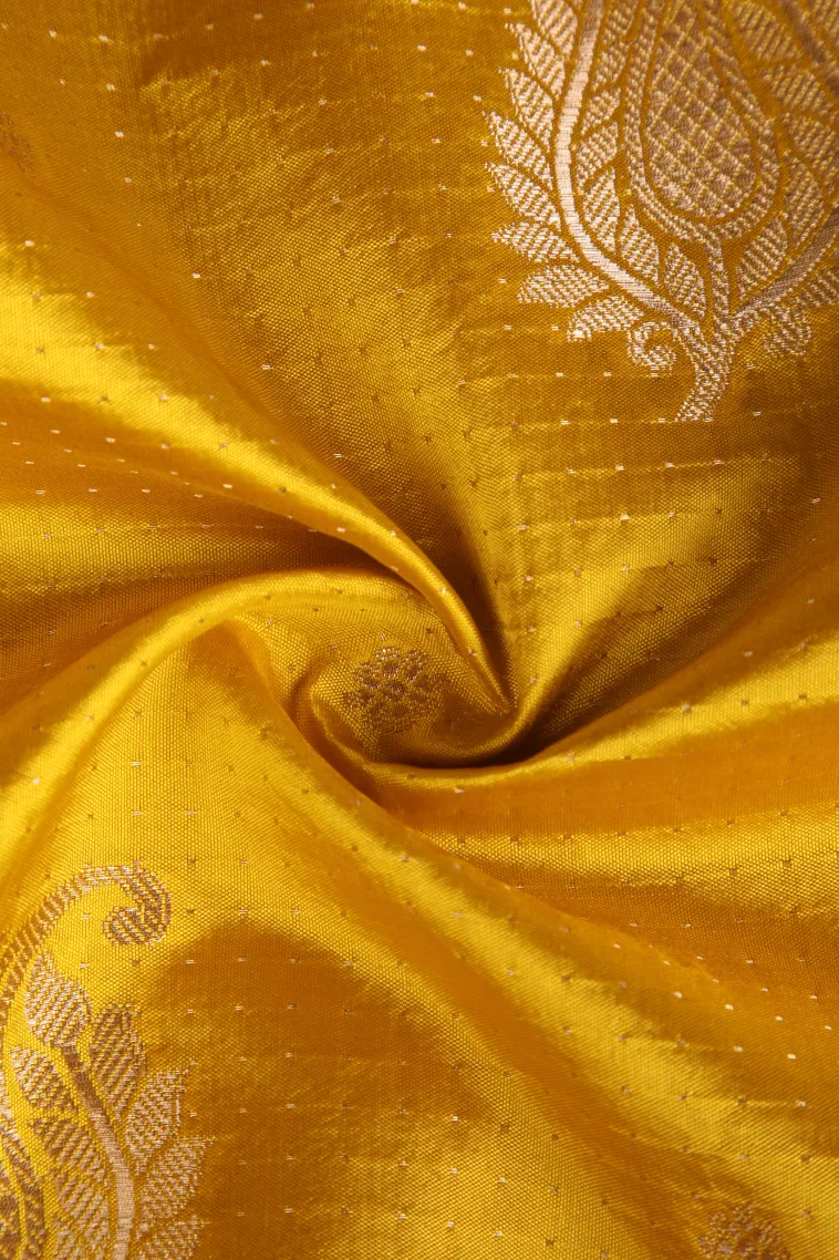 Lemon Yellow Raw Silk Sarees with Gold Zari Buttis (small Dots Or Motifs) view 4