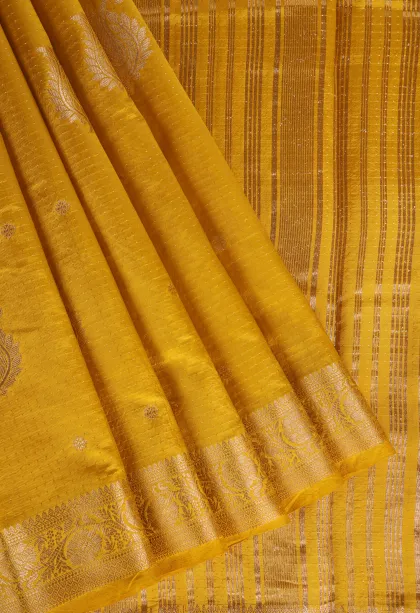 Lemon Yellow Raw Silk Sarees with Gold Zari Buttis (small Dots Or Motifs)