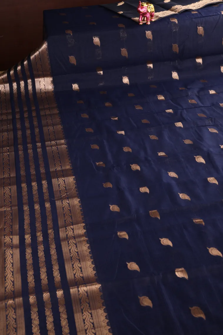 Indigo Blue Raw Silk Sarees with Gold Zari Mango Puttas view 2