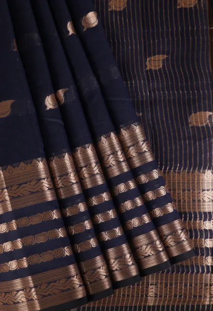 Indigo Blue Raw Silk Sarees with Gold Zari Mango Puttas