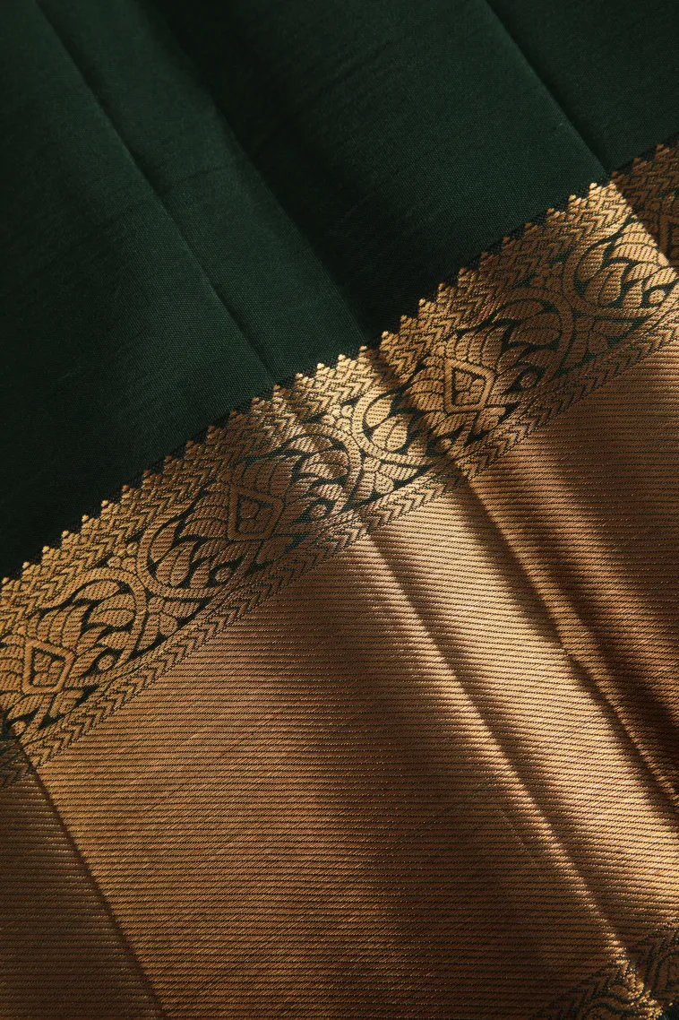 Bottle Green Kanchipuram Silk Sarees with Gold Zari Floral Patterns view 3