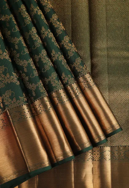 Bottle Green Kanchipuram Silk Sarees with Gold Zari Floral Patterns