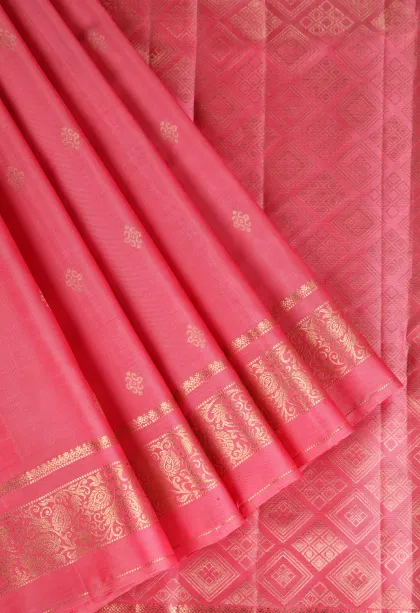 Rose Pink Soft Silk Saree with Gold Zari Buttis (small Dots Or Motifs)