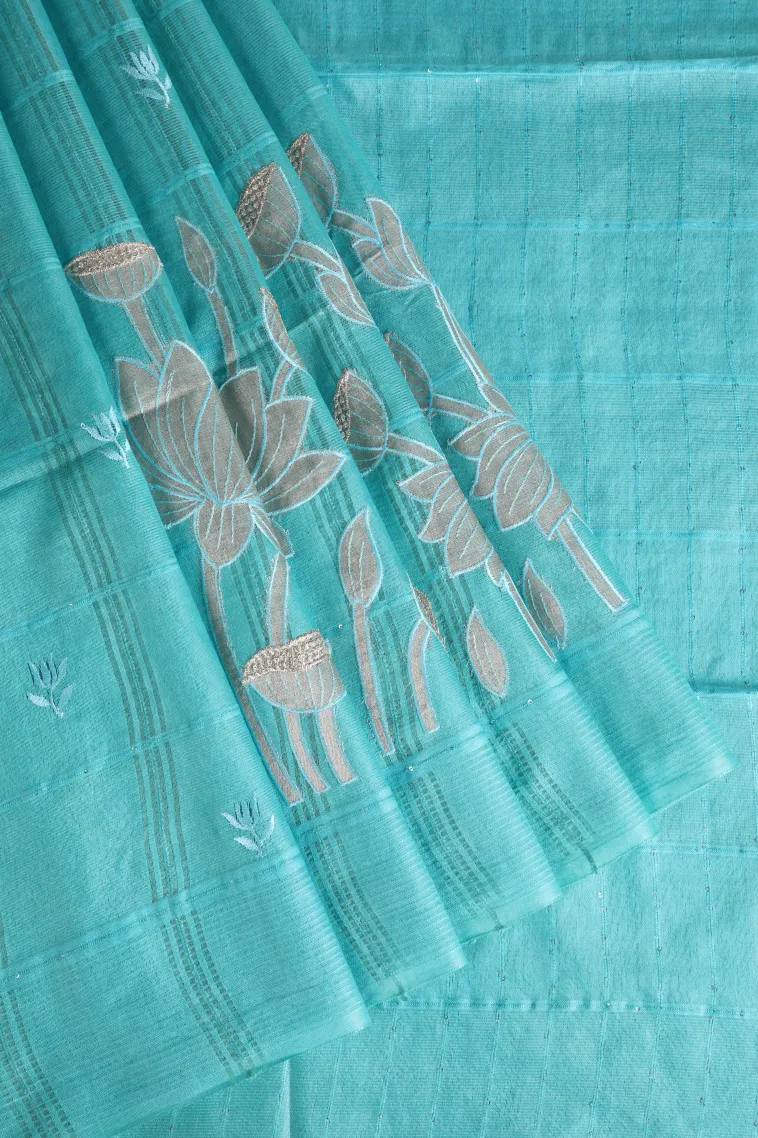 Sky Blue Semi Tussar Silk with Thread Zari Checks And Puttas