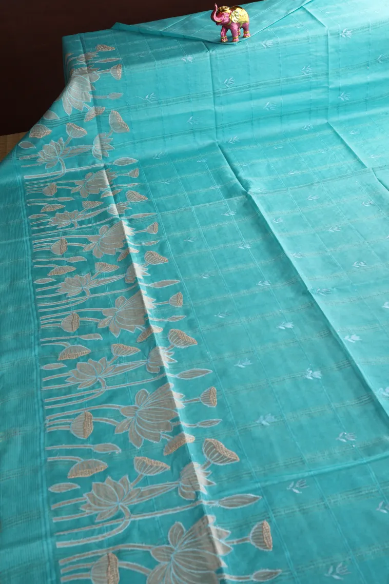 Sky Blue Semi Tussar Silk with Thread Zari Checks And Puttas view 2