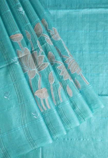 Sky Blue Semi Tussar Silk with Thread Zari Checks And Puttas