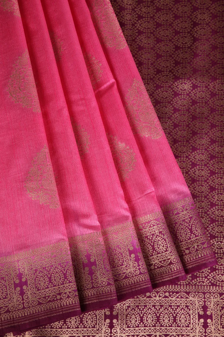Taffy Pink Banaras Sarees with Gold Zari Puttas
