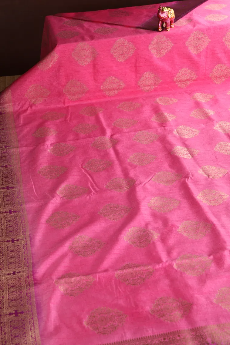 Taffy Pink Banaras Sarees with Gold Zari Puttas view 2