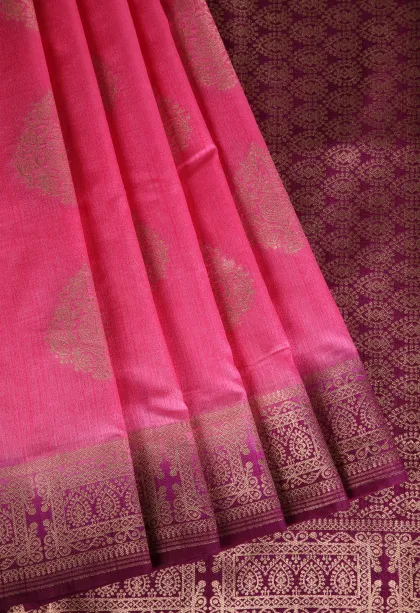 Taffy Pink Banaras Sarees with Gold Zari Puttas