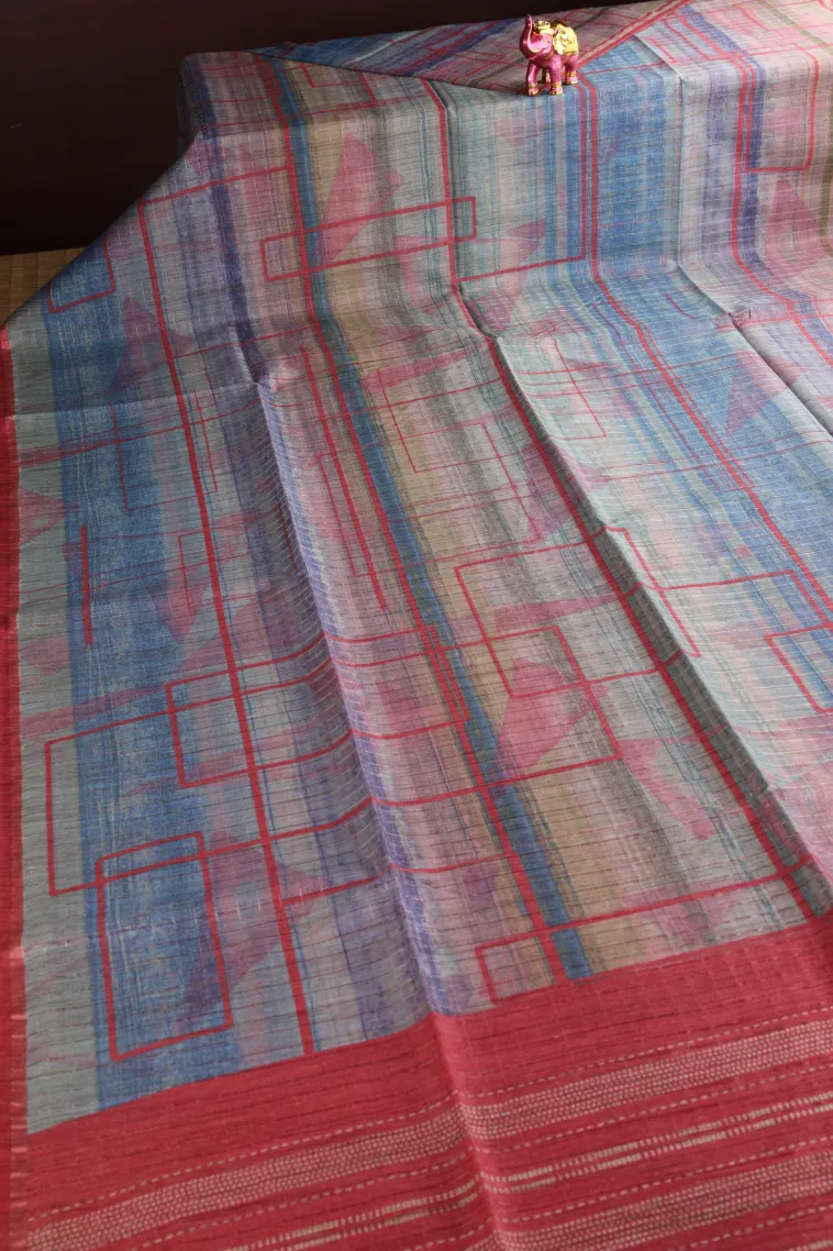 Cobalt Blue Semi Tussar Silk with Gold Zari Geometric Shapes view 2