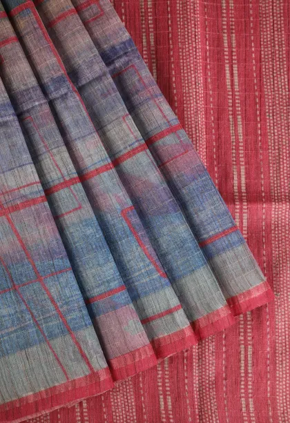 Cobalt Blue Semi Tussar Silk with Gold Zari Geometric Shapes