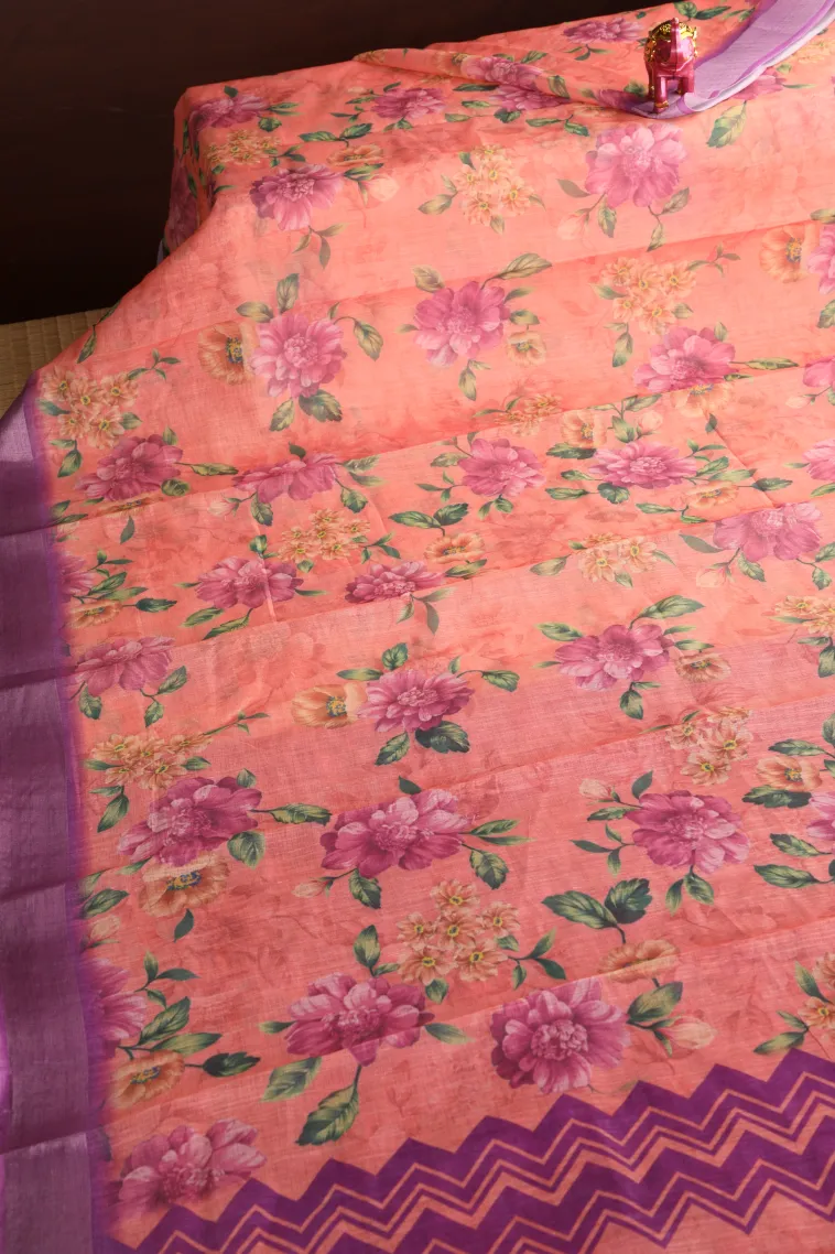 Salmon Pink Linen Saree with Silver Zari Floral Patterns view 2